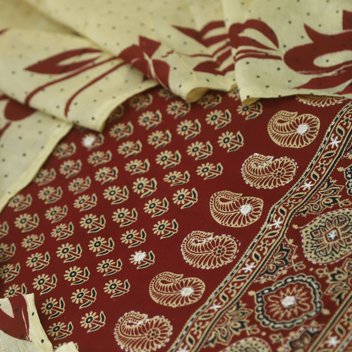 Aayena Berry Red Patra Detailing in Ajrak Printed Cotton Suit Set D1