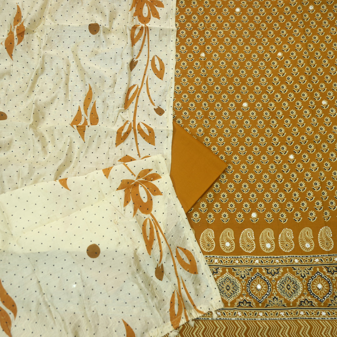 Aayena Dandelion Yellow Patra Detailing in Ajrak Printed Cotton Suit Set D1