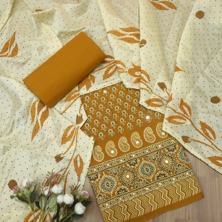 Aayena Dandelion Yellow Patra Detailing in Ajrak Printed Cotton Suit Set D1
