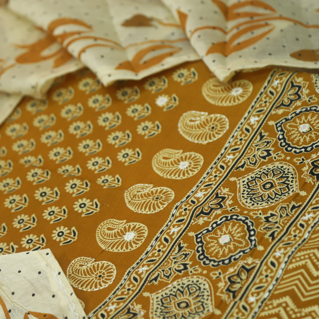 Aayena Dandelion Yellow Patra Detailing in Ajrak Printed Cotton Suit Set D1