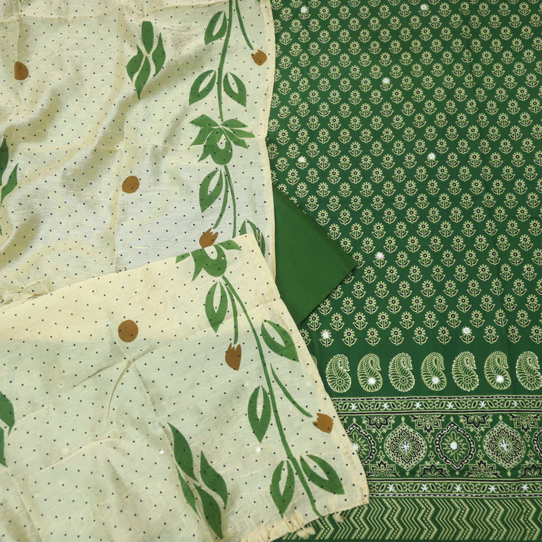 Aayena Kelly Green Patra Detailing in Ajrak Printed Cotton Suit Set D1