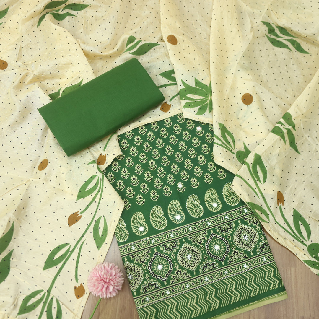 Aayena Kelly Green Patra Detailing in Ajrak Printed Cotton Suit Set D1