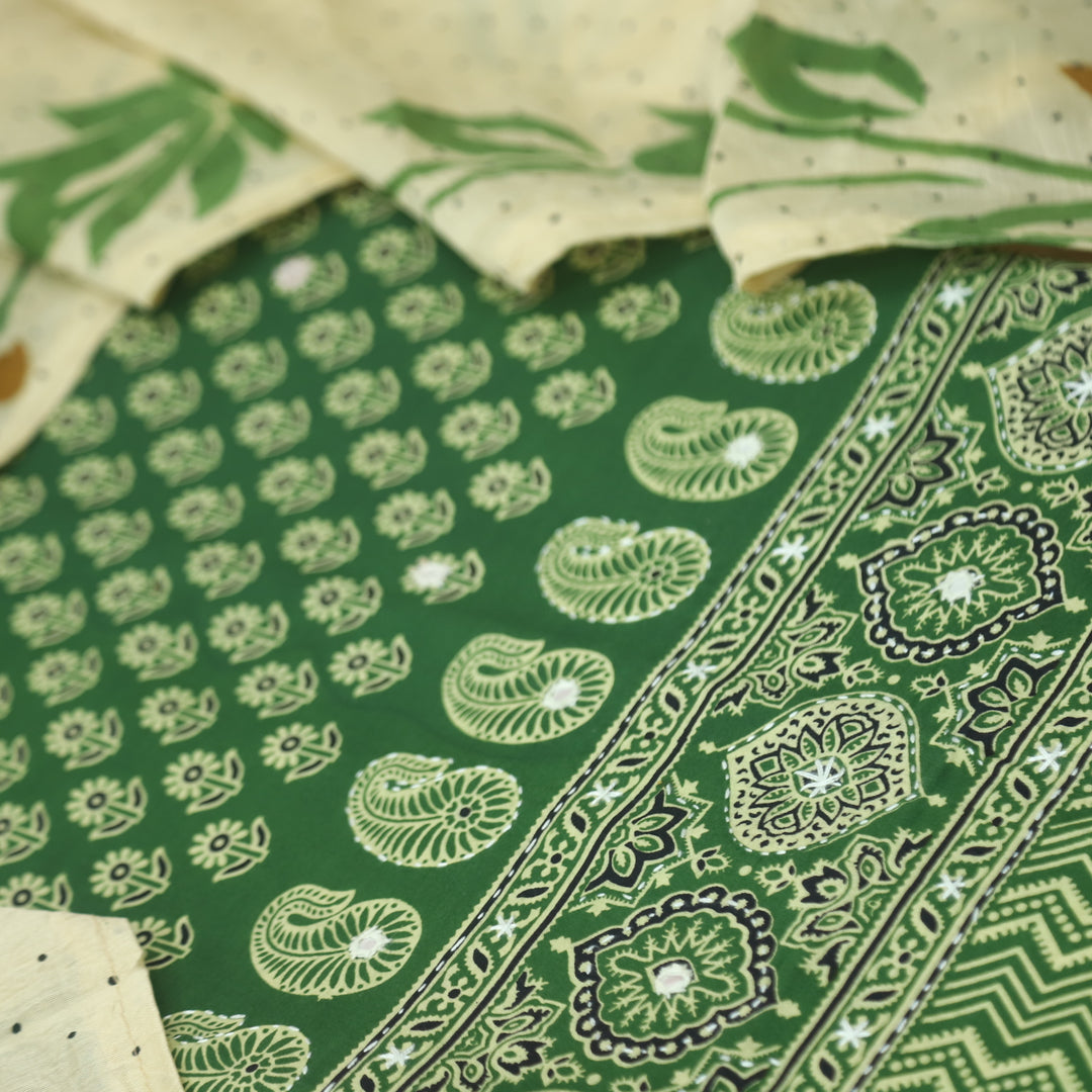 Aayena Kelly Green Patra Detailing in Ajrak Printed Cotton Suit Set D1