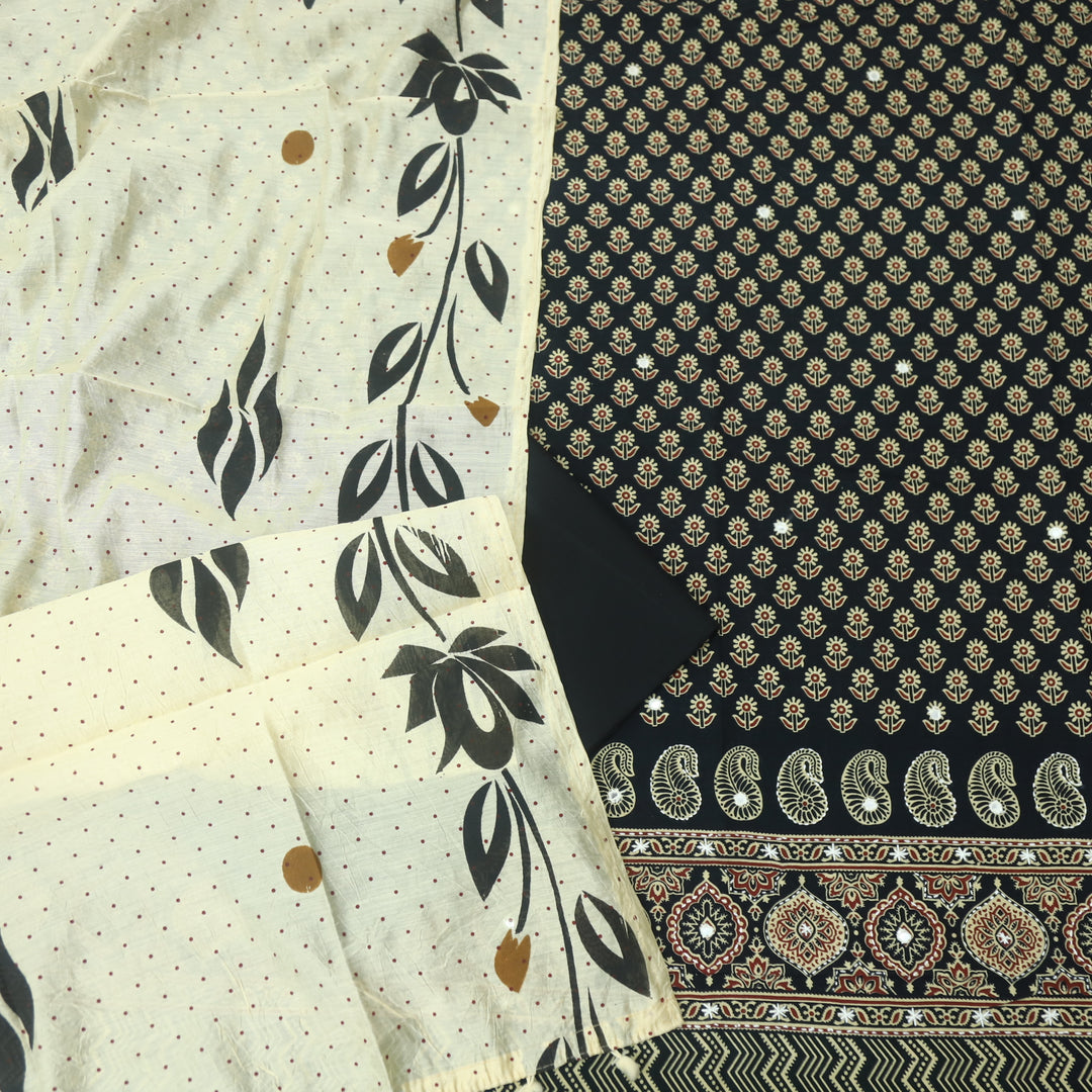Aayena Ebony Black Patra Detailing in Ajrak Printed Cotton Suit Set D1