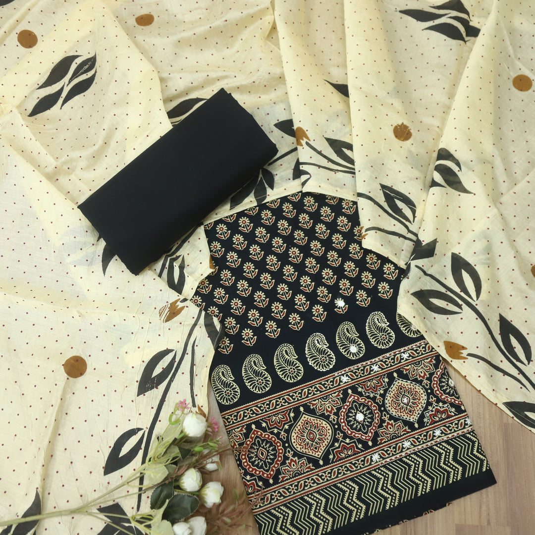 Aayena Ebony Black Patra Detailing in Ajrak Printed Cotton Suit Set D1