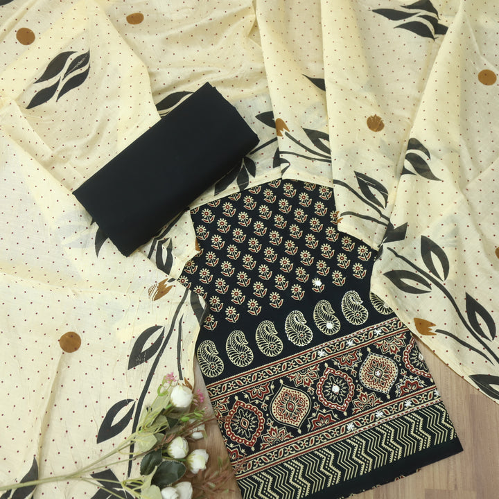 Aayena Ebony Black Patra Detailing in Ajrak Printed Cotton Suit Set D1