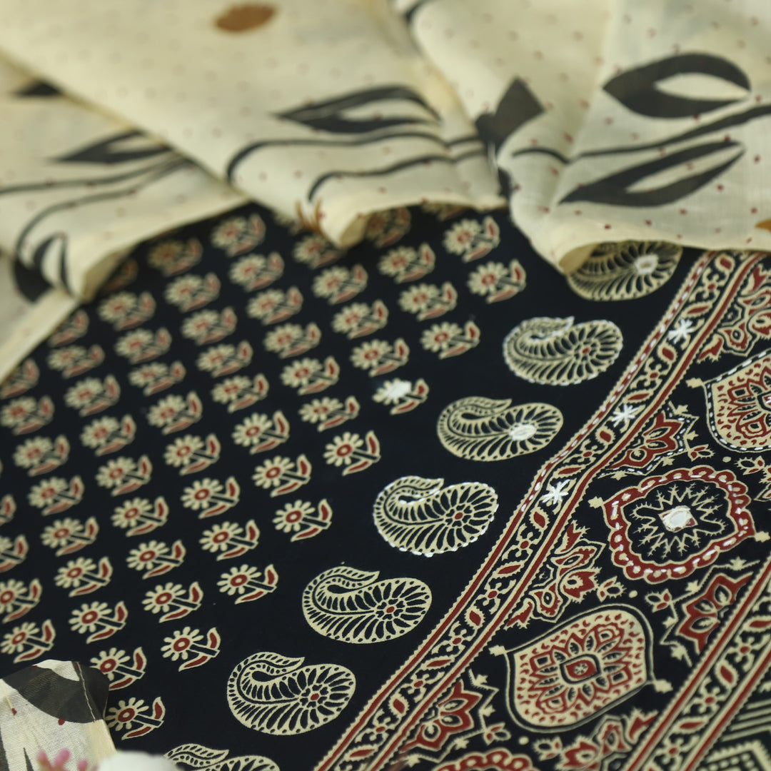 Aayena Ebony Black Patra Detailing in Ajrak Printed Cotton Suit Set D1