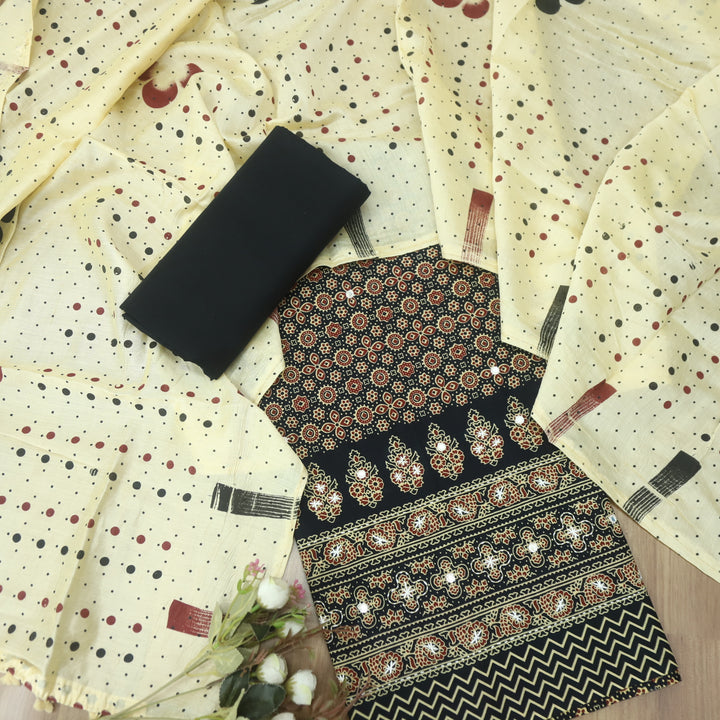 Aayena Ebony Black Patra Detailing in Ajrak Printed Cotton Suit Set-D2