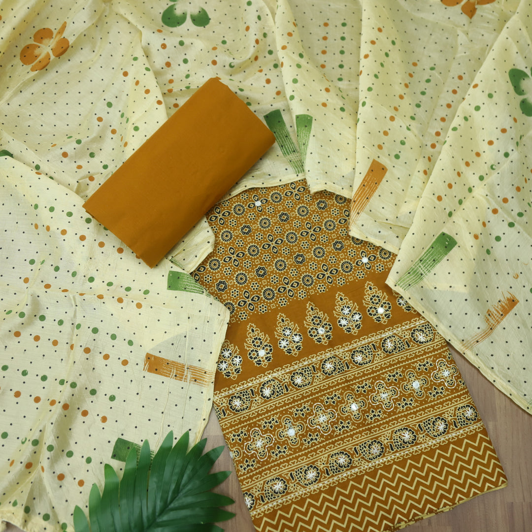 Aayena Dandelion Yellow Patra Detailing in Ajrak Printed Cotton Suit Set-D2