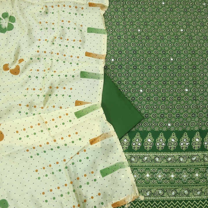 Aayena Kelly Green Patra Detailing in Ajrak Printed Cotton Suit Set-D2