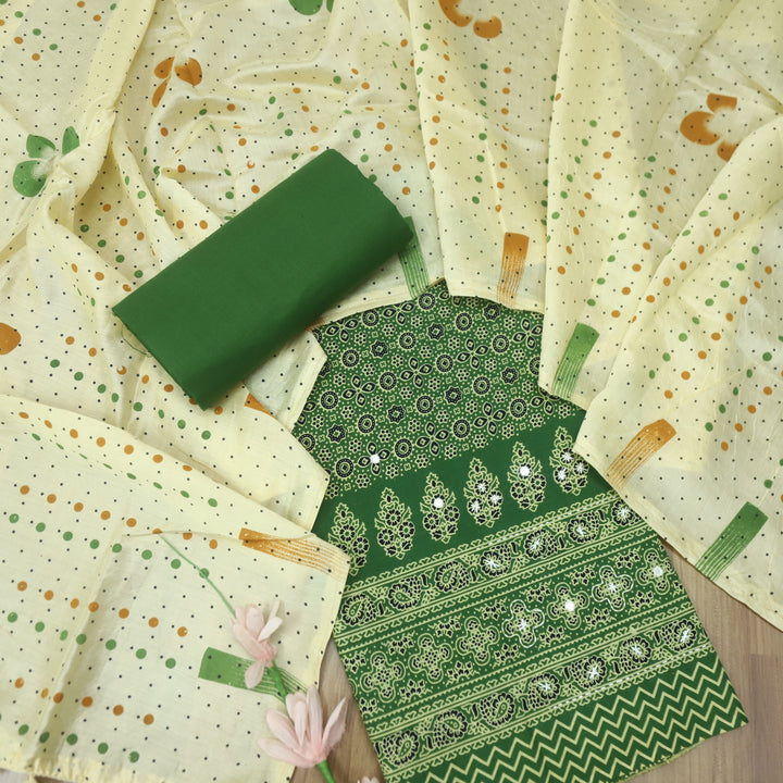 Aayena Kelly Green Patra Detailing in Ajrak Printed Cotton Suit Set-D2