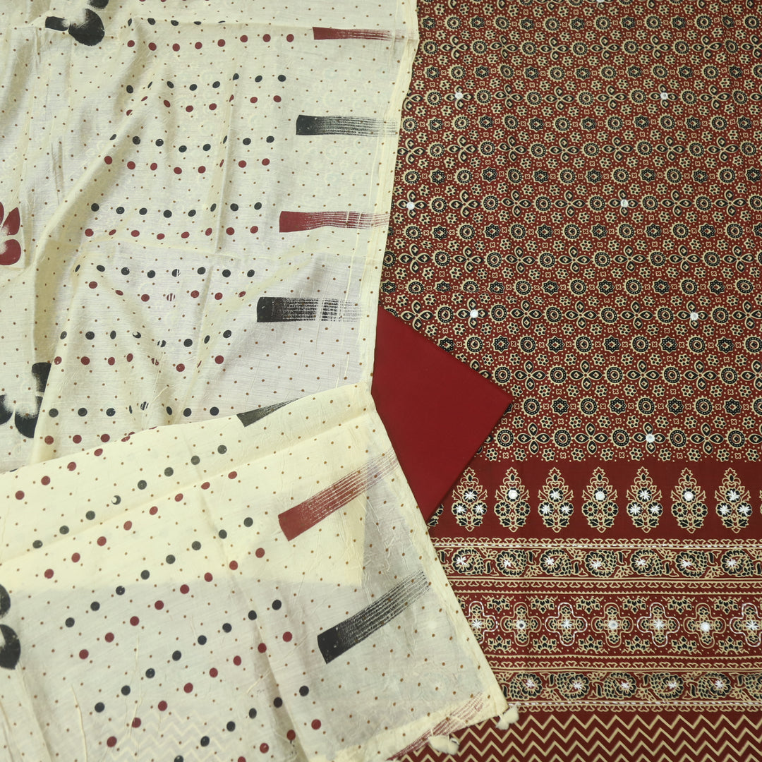 Aayena Berry Red Patra Detailing in Ajrak Printed Cotton Suit Set D2