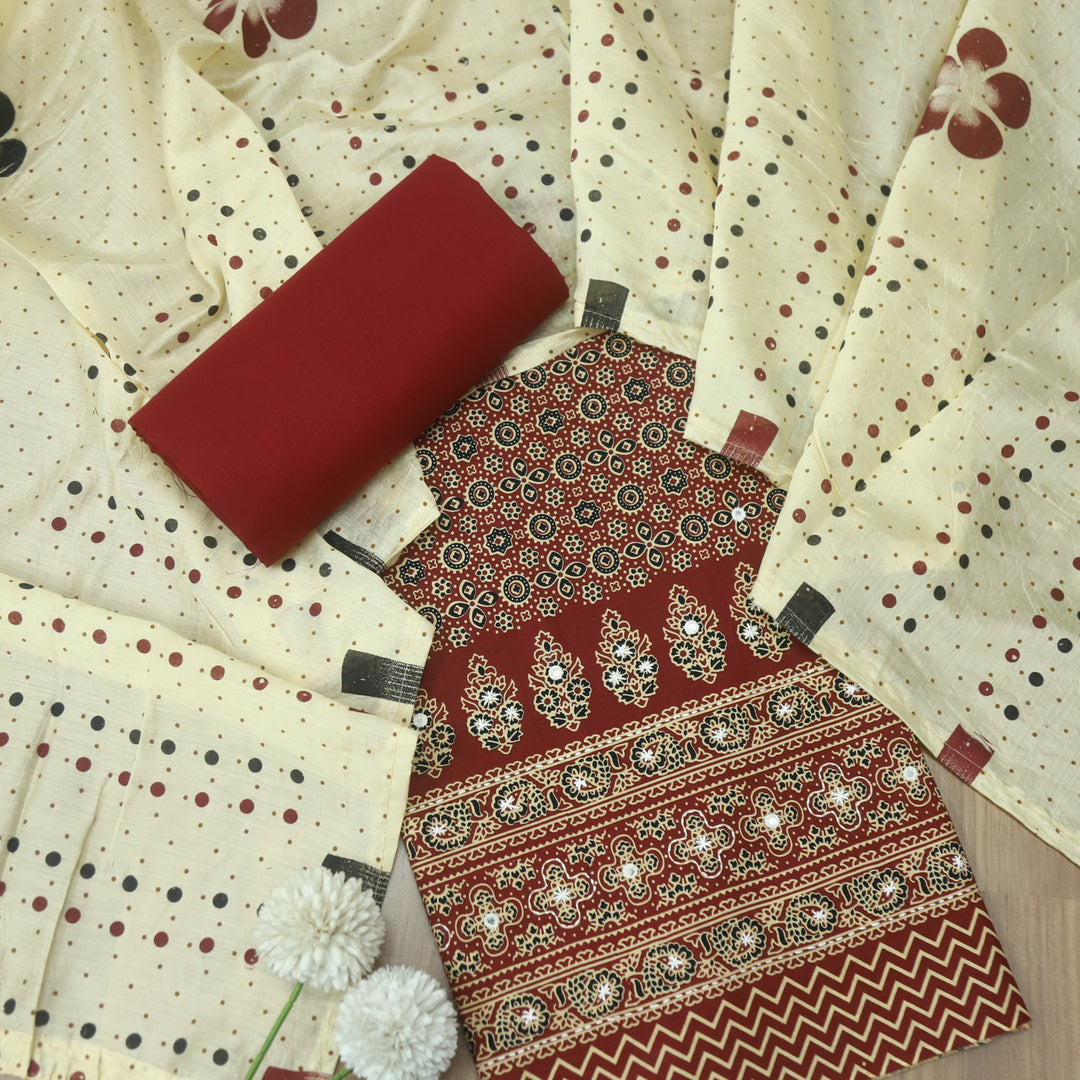 Aayena Berry Red Patra Detailing in Ajrak Printed Cotton Suit Set D2