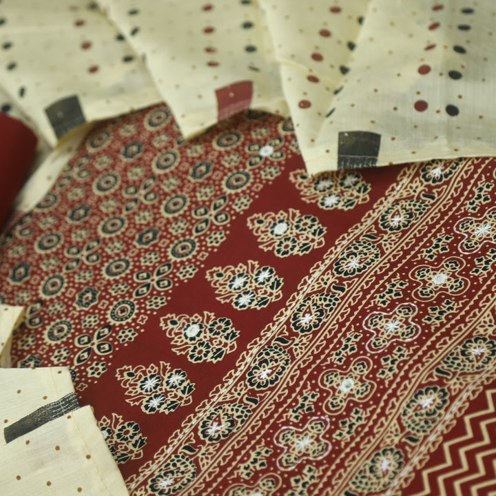 Aayena Berry Red Patra Detailing in Ajrak Printed Cotton Suit Set D2