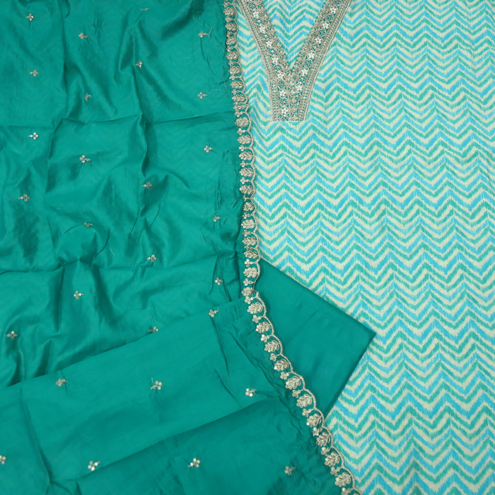 Aaayena Ocean Teal Embellish V Neck in Zig-Zag Printed Modal Suit Set