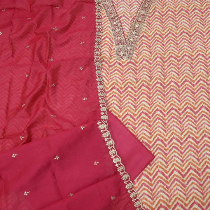 Aaayena Magenta Pink Embellish V Neck in Zig-Zag Printed Modal Suit Set