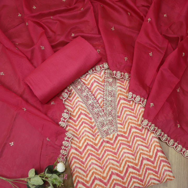 Aaayena Magenta Pink Embellish V Neck in Zig-Zag Printed Modal Suit Set