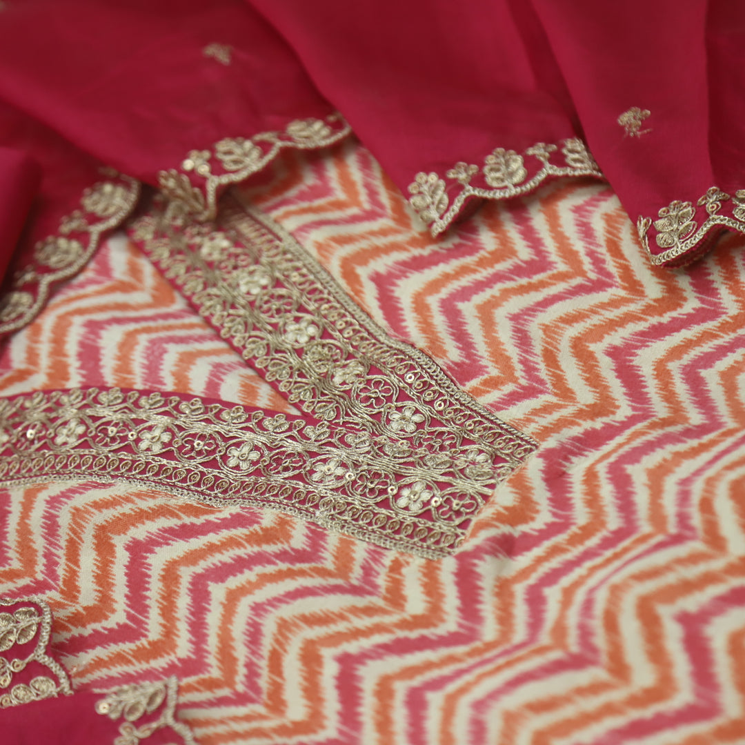 Aaayena Magenta Pink Embellish V Neck in Zig-Zag Printed Modal Suit Set