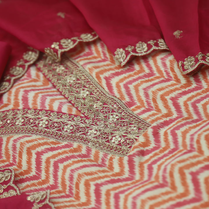 Aaayena Magenta Pink Embellish V Neck in Zig-Zag Printed Modal Suit Set
