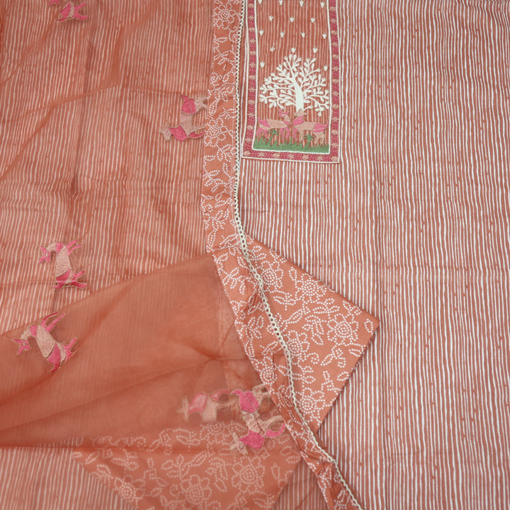 Roop Carrot Peach Stripe Printed with Patch Work Cotton Suit Set