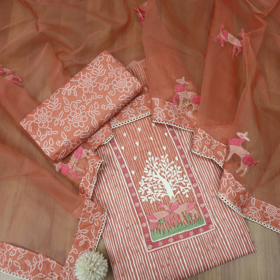 Roop Carrot Peach Stripe Printed with Patch Work Cotton Suit Set