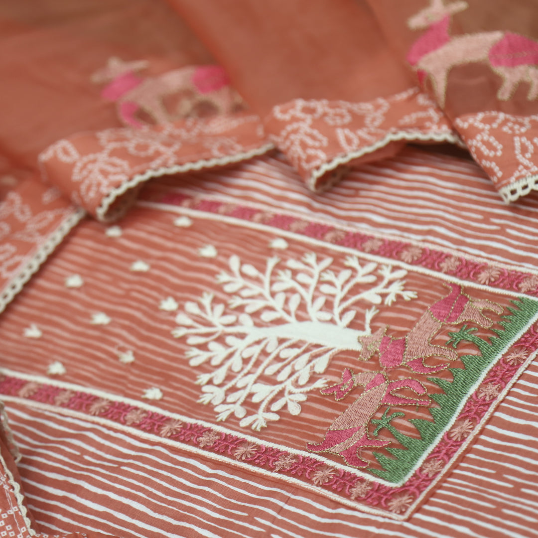 Roop Carrot Peach Stripe Printed with Patch Work Cotton Suit Set