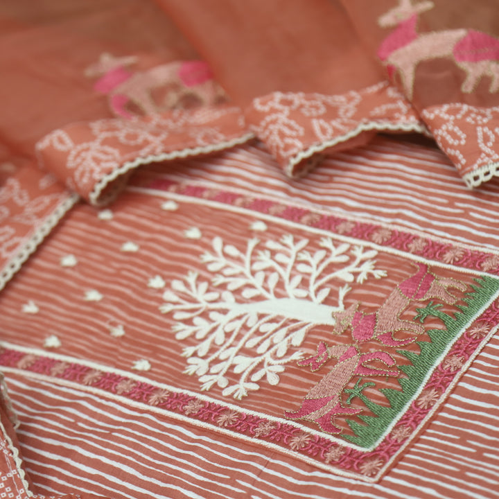 Roop Carrot Peach Stripe Printed with Patch Work Cotton Suit Set