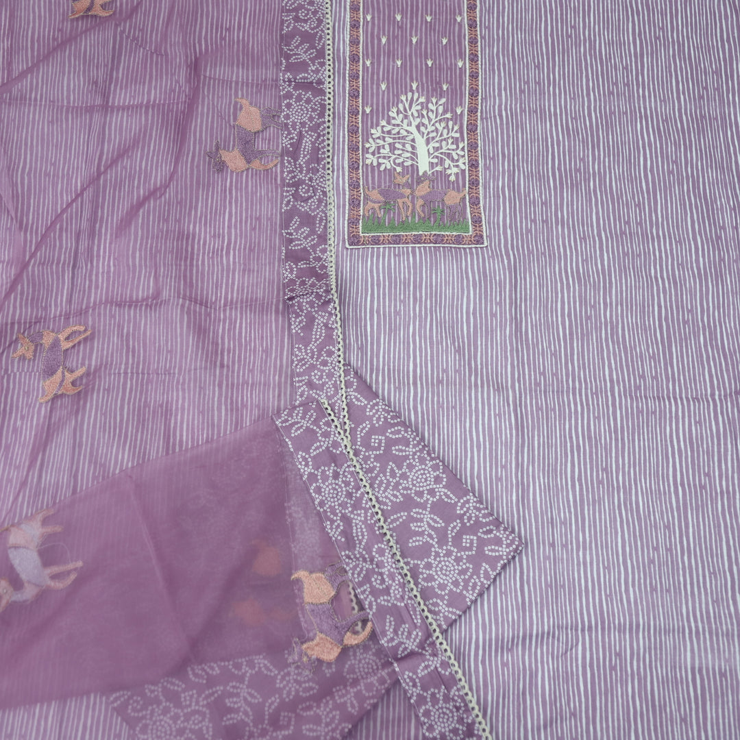 Roop Soft Lilac Stripe Printed with Patch Work Cotton Suit Set