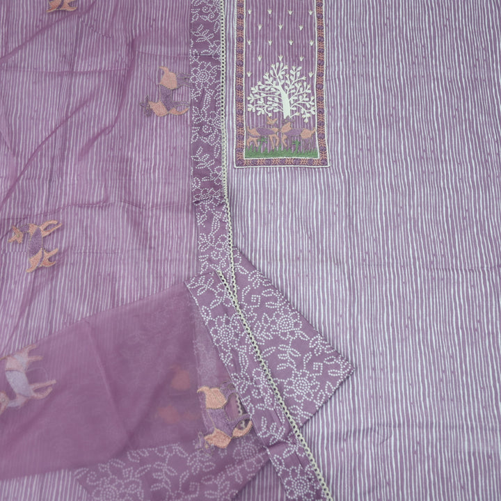 Roop Soft Lilac Stripe Printed with Patch Work Cotton Suit Set