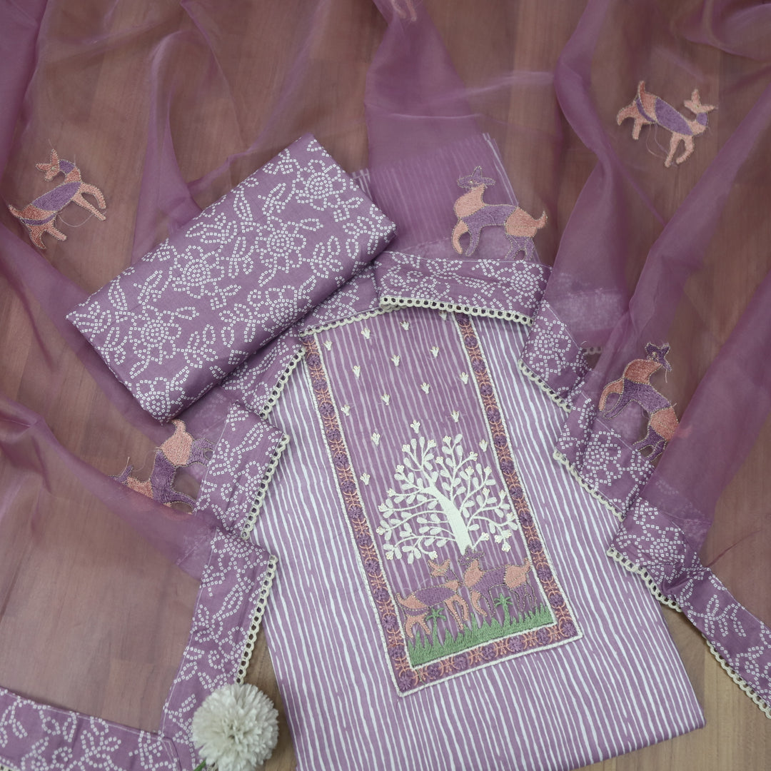 Roop Soft Lilac Stripe Printed with Patch Work Cotton Suit Set