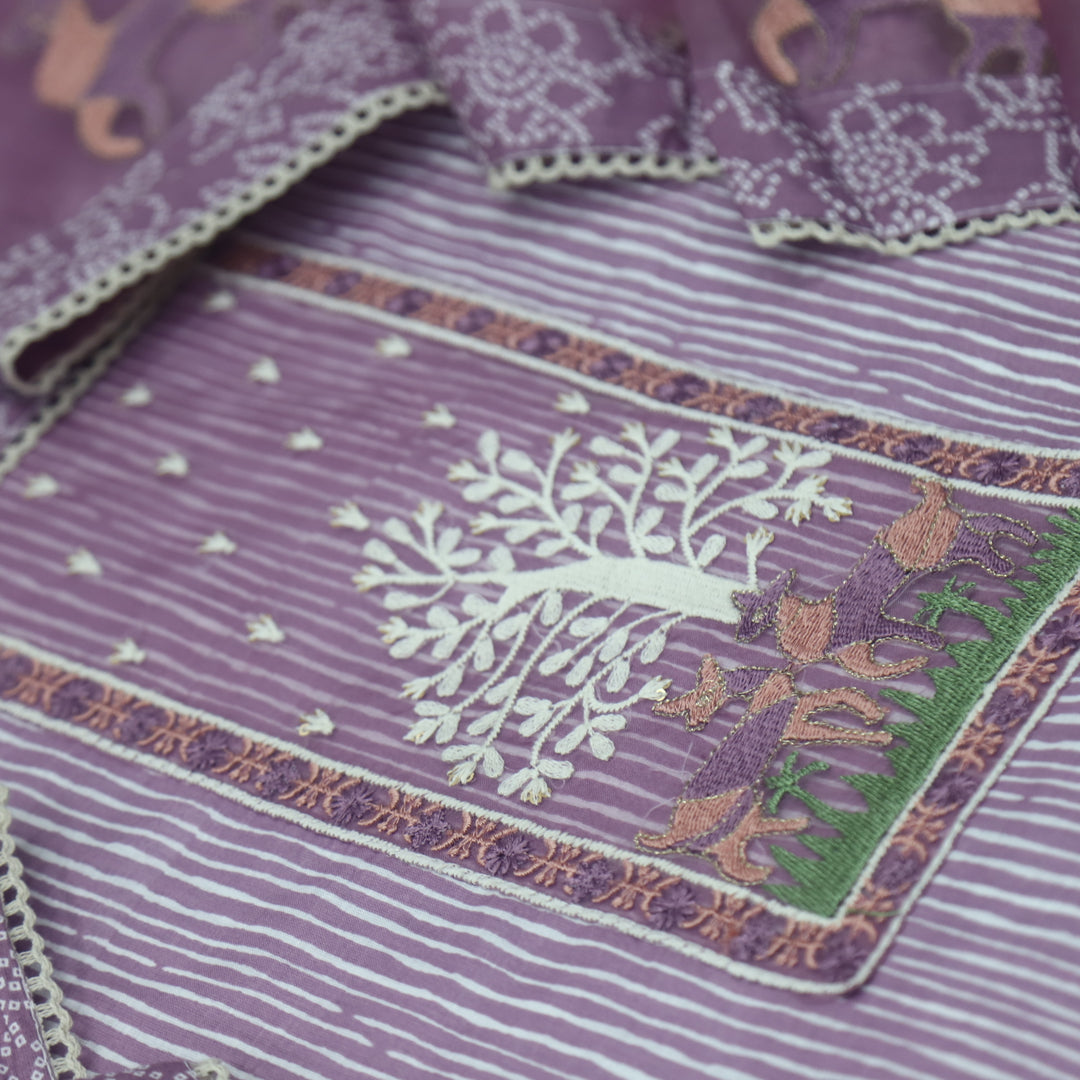 Roop Soft Lilac Stripe Printed with Patch Work Cotton Suit Set