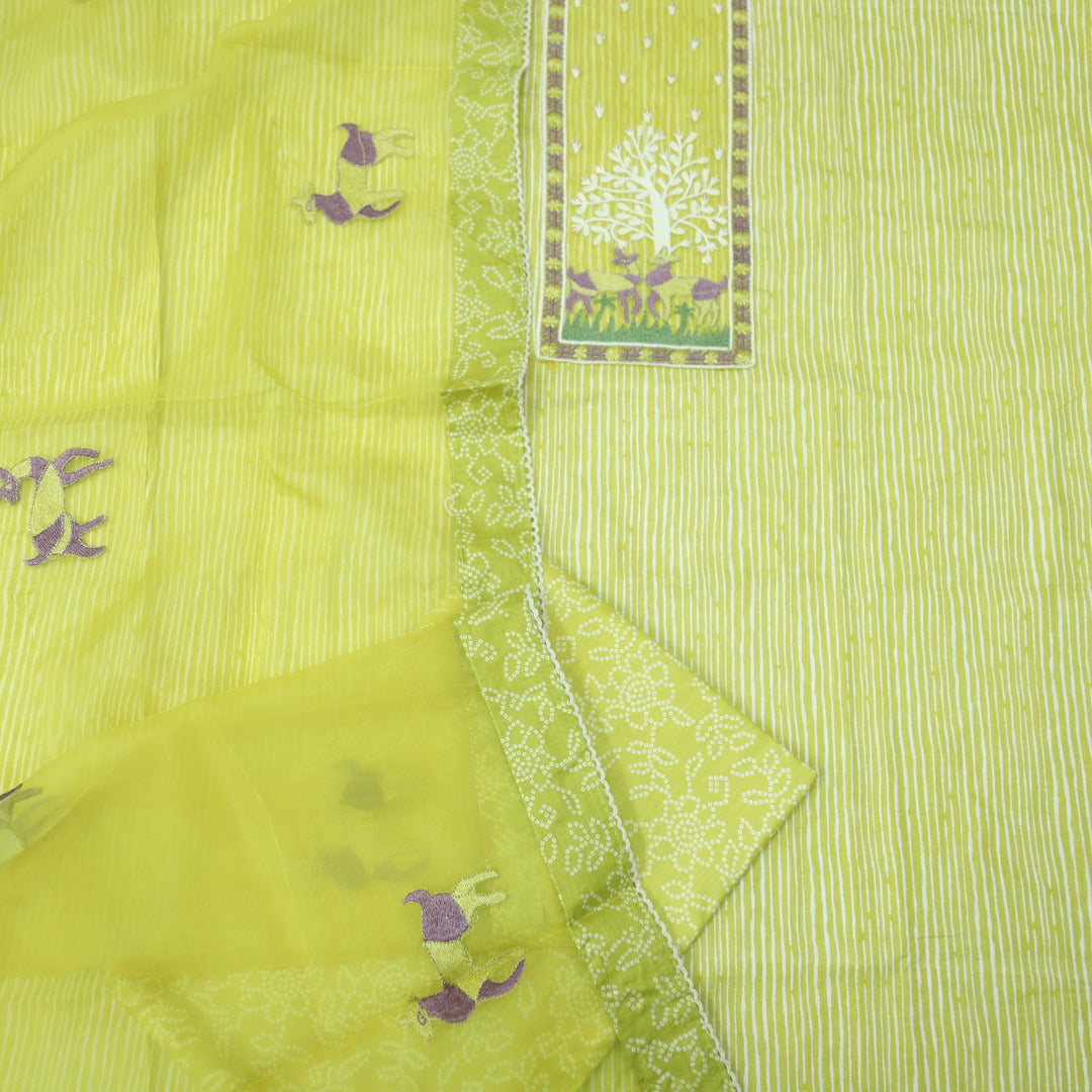 Roop Lemon Yellow Stripe Printed with Patch Work Cotton Suit Set