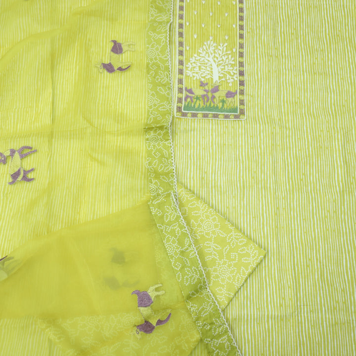 Roop Lemon Yellow Stripe Printed with Patch Work Cotton Suit Set