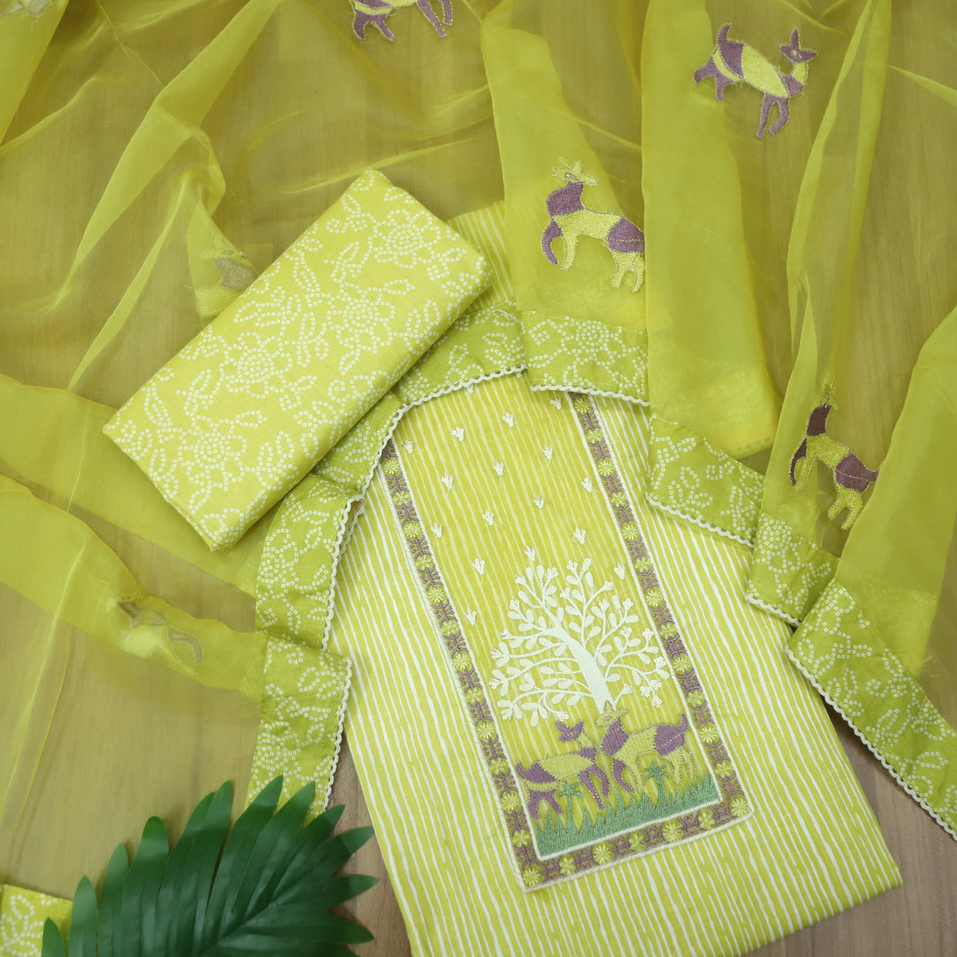 Roop Lemon Yellow Stripe Printed with Patch Work Cotton Suit Set