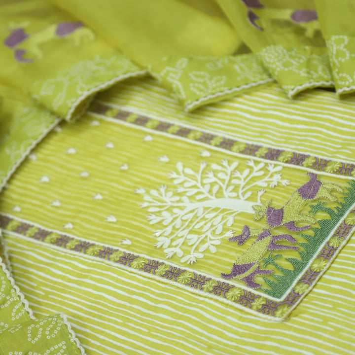 Roop Lemon Yellow Stripe Printed with Patch Work Cotton Suit Set