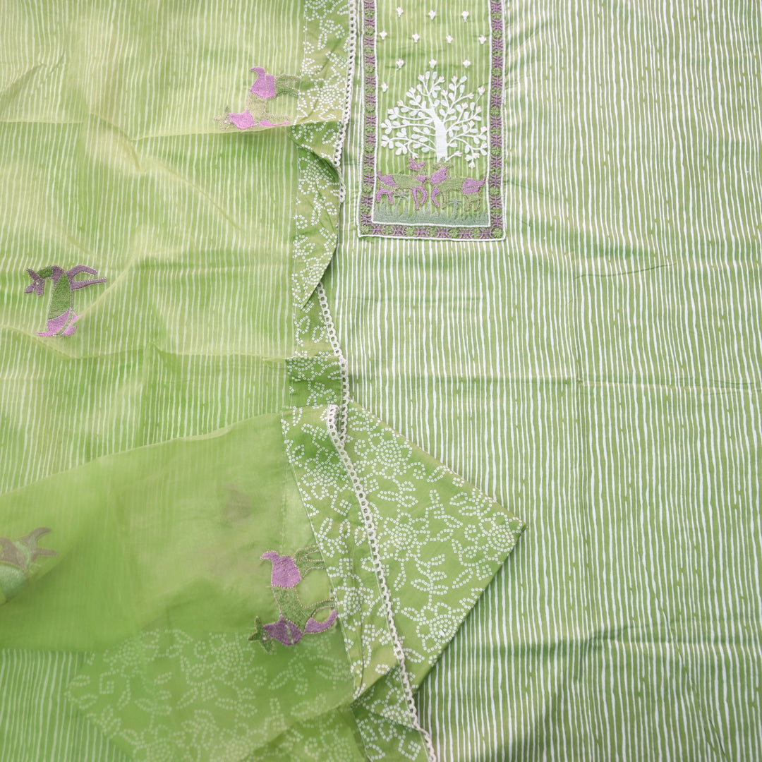 Roop Mint Green Stripe Printed with Patch Work Cotton Suit Set