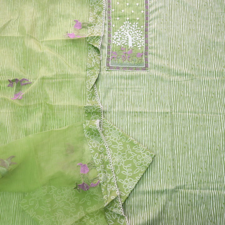 Roop Mint Green Stripe Printed with Patch Work Cotton Suit Set