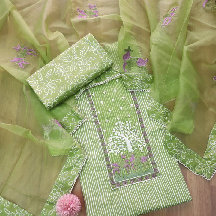 Roop Mint Green Stripe Printed with Patch Work Cotton Suit Set