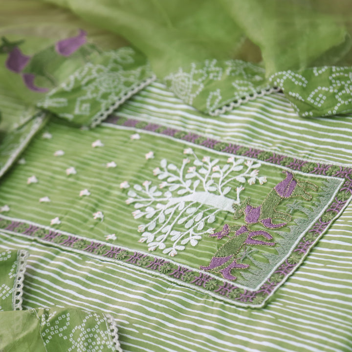 Roop Mint Green Stripe Printed with Patch Work Cotton Suit Set