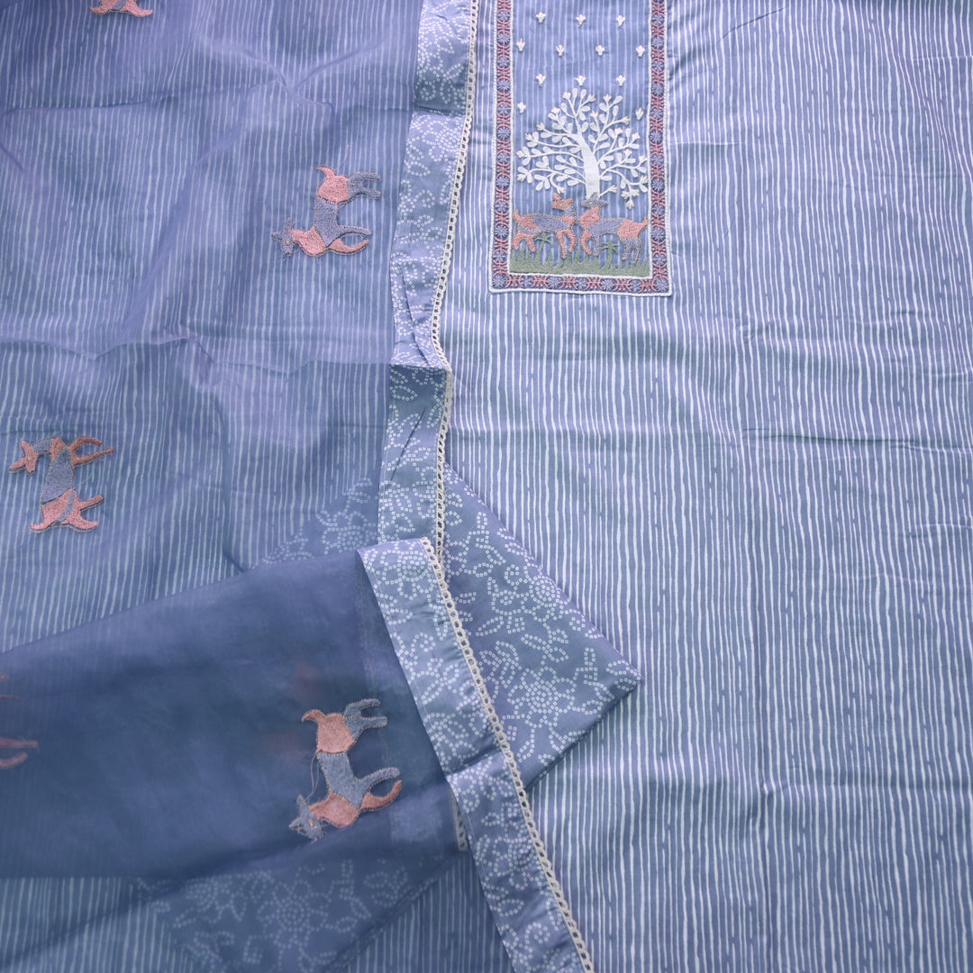 Roop Cerulean Blue Stripe Printed with Patch Work Cotton Suit Set