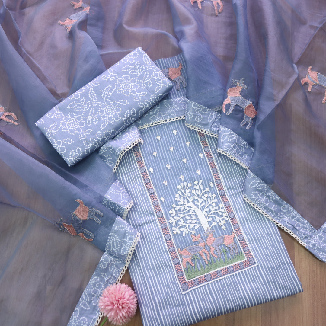 Roop Cerulean Blue Stripe Printed with Patch Work Cotton Suit Set