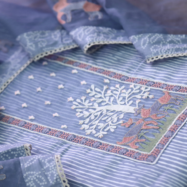 Roop Cerulean Blue Stripe Printed with Patch Work Cotton Suit Set