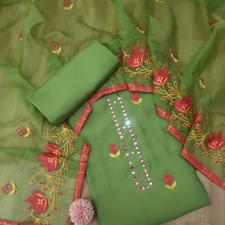 Tahmin Grass Green with Mirror on Neck with Embroidered Hem Modal Suit Set