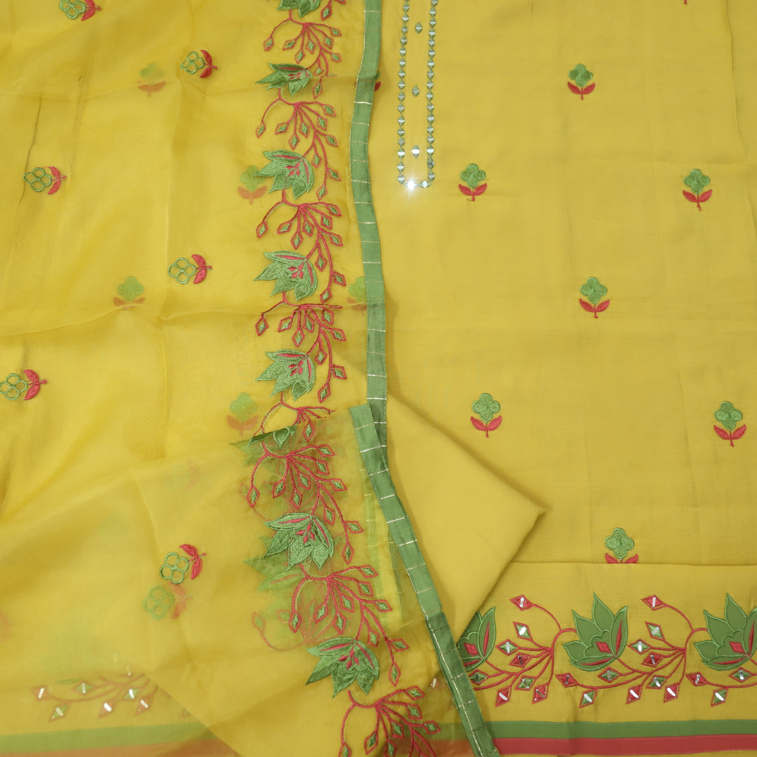 Tahmin Cornflower Yellow with Mirror on Neck with Embroidered Hem Modal Suit Set