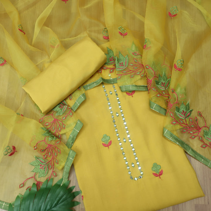 Tahmin Cornflower Yellow with Mirror on Neck with Embroidered Hem Modal Suit Set