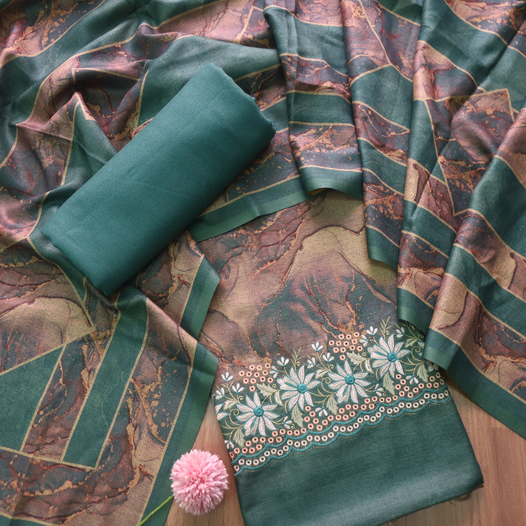 हसीन Cerulean Green Embroidered Hem Printed Semi Pashmina Winter Suit Set