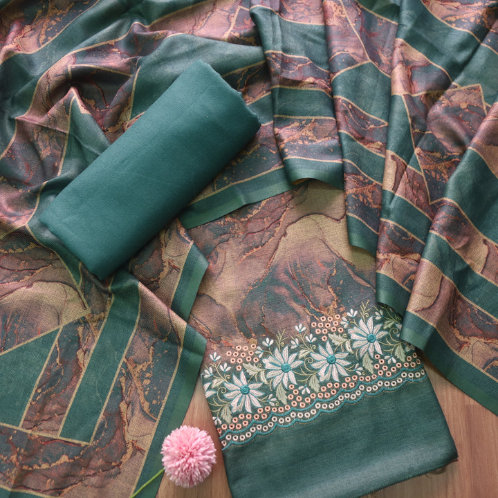 हसीन Cerulean Green Embroidered Hem Printed Semi Pashmina Winter Suit Set