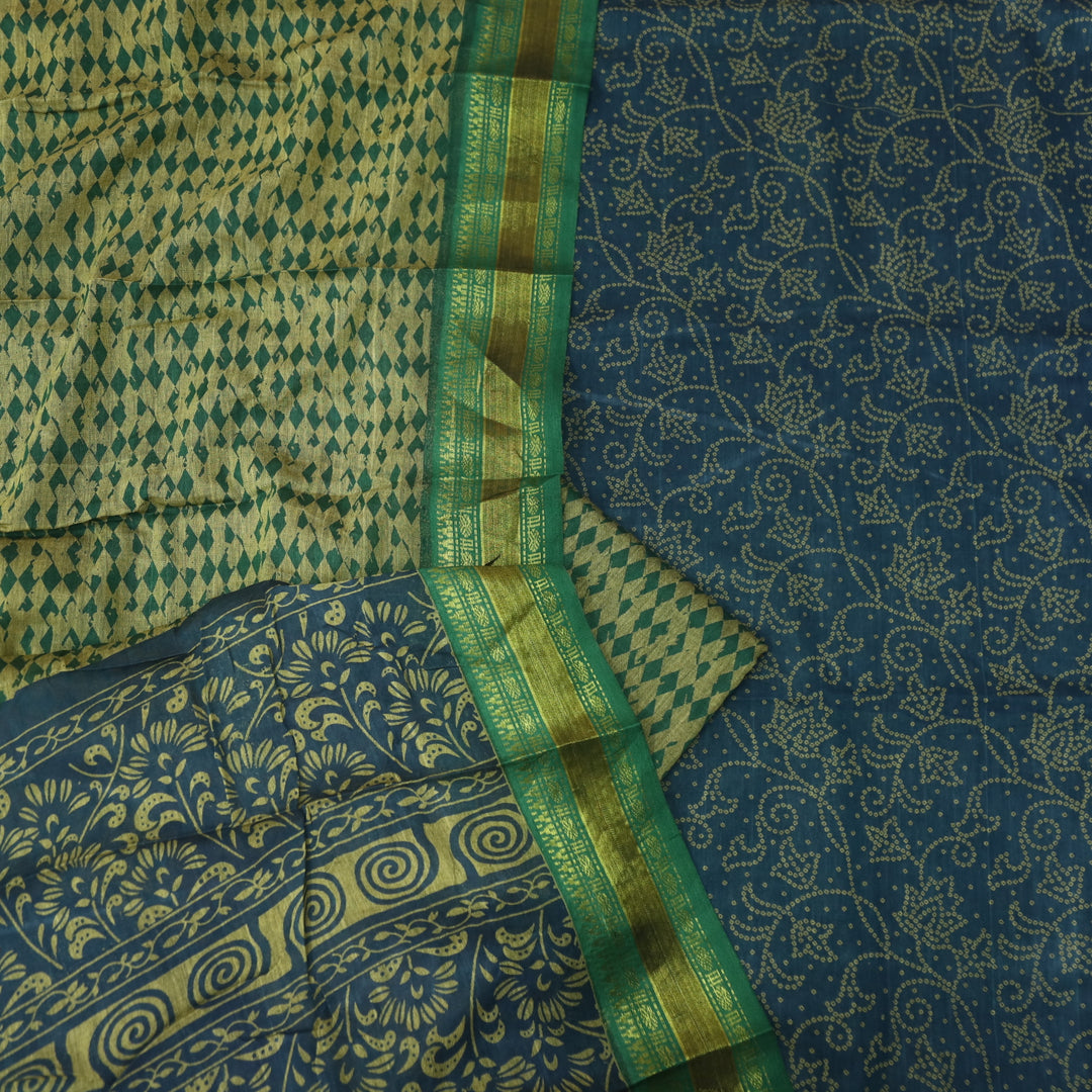 Aaradhaya Denim Blue Bandhani Printed Mangalgiri Hem Work Cotton Suit Set