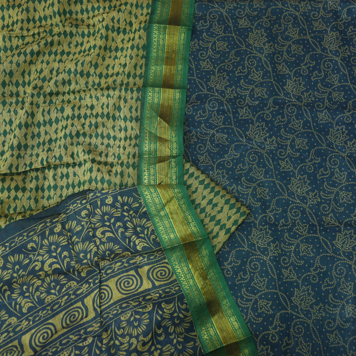 Aaradhaya Denim Blue Bandhani Printed Mangalgiri Hem Work Cotton Suit Set