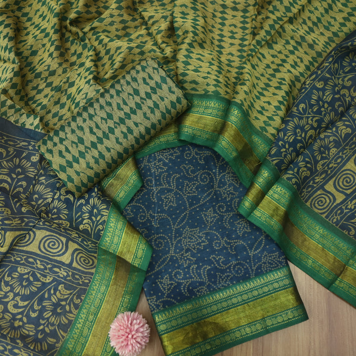 Aaradhaya Denim Blue Bandhani Printed Mangalgiri Hem Work Cotton Suit Set